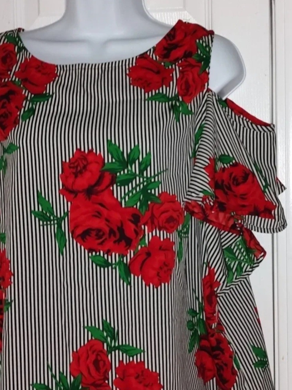 Cold-Shoulder Floral Striped Women's Top - Red Rose By Hint Of Blush